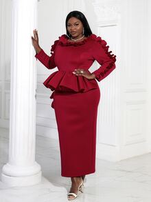 Talla grande Vestido ribete con fruncido peplum cintura con abertura trasera - Burdeos - Ver 4