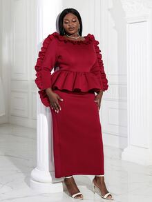 Talla grande Vestido ribete con fruncido peplum cintura con abertura trasera - Burdeos - Ver 5