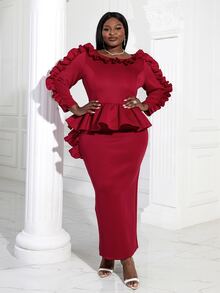 Talla grande Vestido ribete con fruncido peplum cintura con abertura trasera - Burdeos - Ver 7