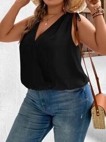 SHEIN VCAY Áo sơ mi Plus Size Thắt nút Trọn gói màu trơn Giải trí - màu đen - Xem 4