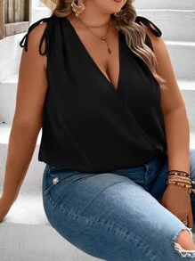 SHEIN VCAY Áo sơ mi Plus Size Thắt nút Trọn gói màu trơn Giải trí - màu đen - Xem 5