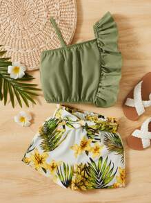SHEIN Toddler Girls Ruffle Trim Top & Tropical Print Belted Shorts - Multicolor - View 1