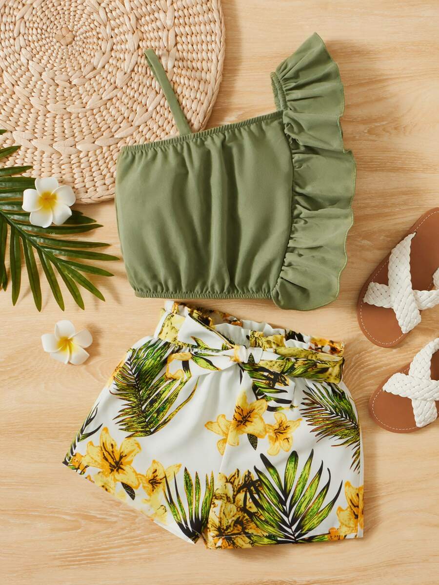 SHEIN Toddler Girls Ruffle Trim Top & Tropical Print Belted Shorts - Multicolor - View 1