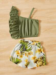 SHEIN Toddler Girls Ruffle Trim Top & Tropical Print Belted Shorts - Multicolor - View 2