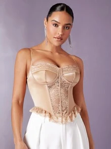 SHEIN BAE Top de tirantes bajo con fruncido con encaje - Albaricoque - Ver 3