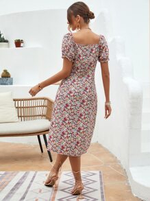 SHEIN VCAY Vestido con estampado floral con nudo delantero bajo con abertura - Multicolor - Ver 2