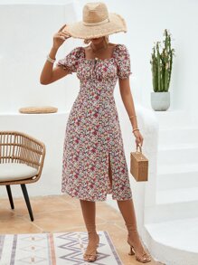 SHEIN VCAY Vestido con estampado floral con nudo delantero bajo con abertura - Multicolor - Ver 3