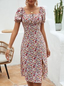 SHEIN VCAY Vestido con estampado floral con nudo delantero bajo con abertura - Multicolor - Ver 4