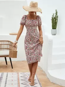 SHEIN VCAY Vestido con estampado floral con nudo delantero bajo con abertura - Multicolor - Ver 5