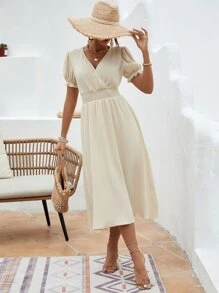 SHEIN VCAY 素色交疊領A字連衣裙 - 杏色 - 查看 1