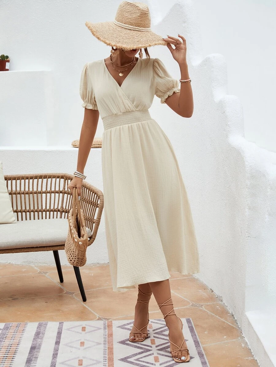 SHEIN VCAY 素色交疊領A字連衣裙 - 杏色 - 查看 1