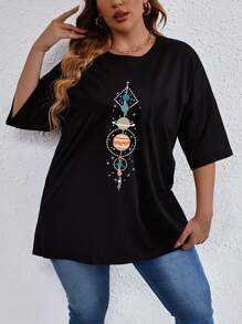 SHEIN LUNE 大碼星球印花落肩T恤 - 黑色 - 查看 1