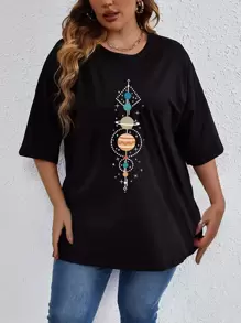 SHEIN LUNE 大碼星球印花落肩T恤 - 黑色 - 查看 3