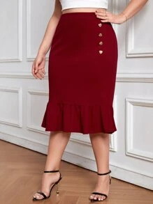 SHEIN Privé Falda bajo de sirena con diseño de botón - Burdeos - Ver 1