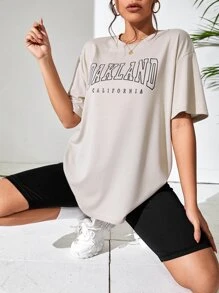 SHEIN Unity 字母圖案落肩T恤和騎行褲 - 卡其色 - 查看 3