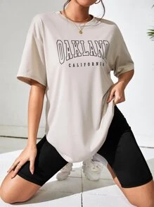 SHEIN Unity 字母圖案落肩T恤和騎行褲 - 卡其色 - 查看 1