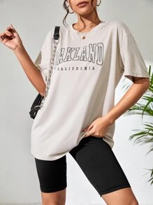 SHEIN Unity 字母圖案落肩T恤和騎行褲 - 卡其色 - 查看 4