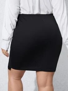 Calvaya Plus Eyelash Lace Panel Split Hem Bodycon Skirt - Black - View 2