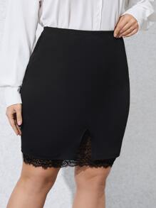 Calvaya Plus Eyelash Lace Panel Split Hem Bodycon Skirt - Black - View 3