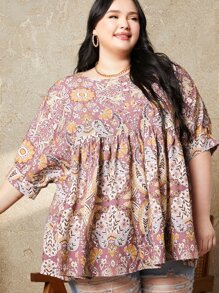 SHEIN CURVE+ Áo sơ mi Plus Size Viên lá sen Hoa Paisley Boho - Nhiều màu - Xem 4