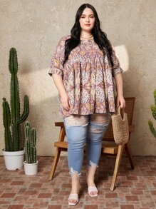 SHEIN CURVE+ Áo sơ mi Plus Size Viên lá sen Hoa Paisley Boho - Nhiều màu - Xem 5