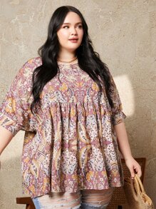 SHEIN CURVE+ Áo sơ mi Plus Size Viên lá sen Hoa Paisley Boho - Nhiều màu - Xem 6