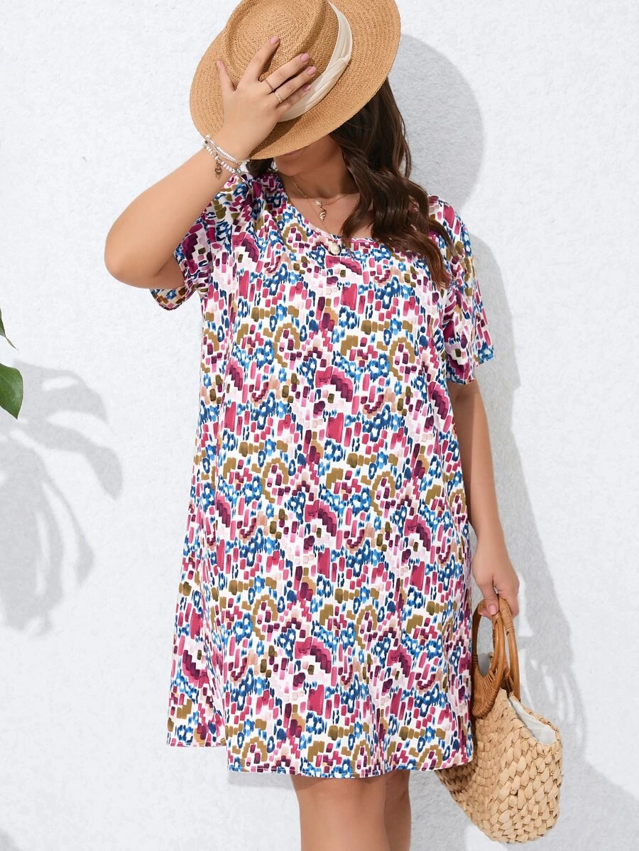 SHEIN Holidaya 大碼滿版印花直筒洋裝 - 彩色 - 查看 1