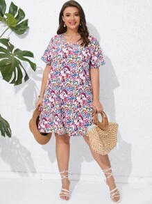 SHEIN Holidaya 大碼滿版印花直筒洋裝 - 彩色 - 查看 4