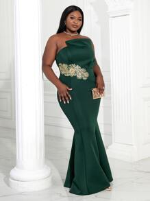 Plus Appliques Detail Tube Formal Dress - Dark Green - View 1