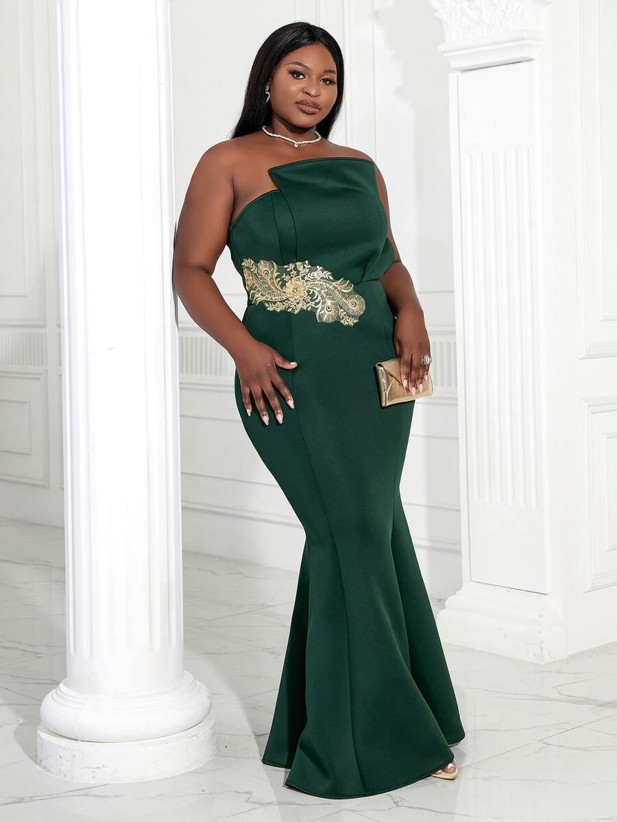 Plus Appliques Detail Tube Formal Dress - Dark Green - View 1