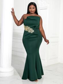 Plus Appliques Detail Tube Formal Dress - Dark Green - View 4