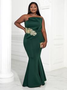 Plus Appliques Detail Tube Formal Dress - Dark Green - View 6
