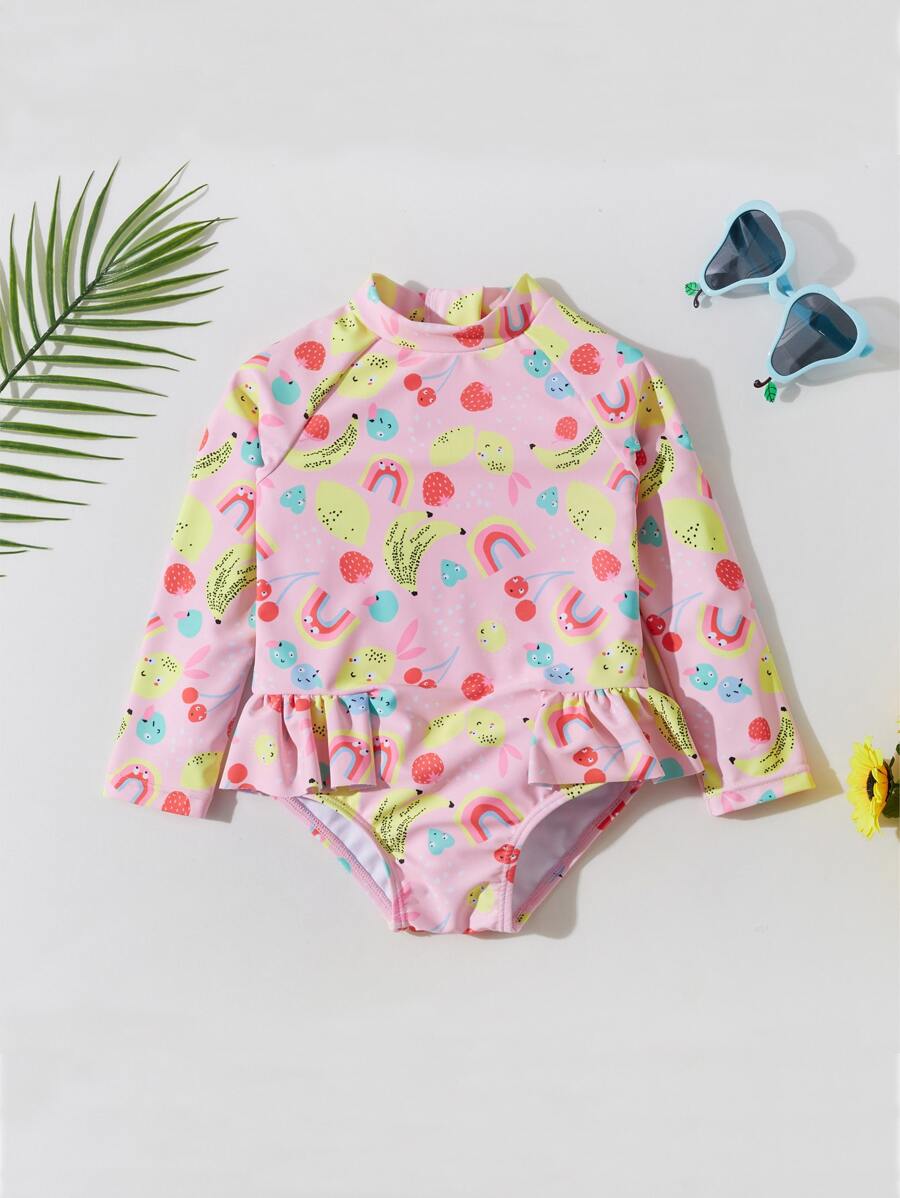 小女童插肩袖荷葉邊卡通水果和彩虹印花連身 - 淺粉色 - 查看 1