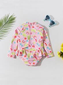 小女童插肩袖荷葉邊卡通水果和彩虹印花連身 - 淺粉色 - 查看 2