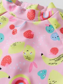 小女童插肩袖荷葉邊卡通水果和彩虹印花連身 - 淺粉色 - 查看 6