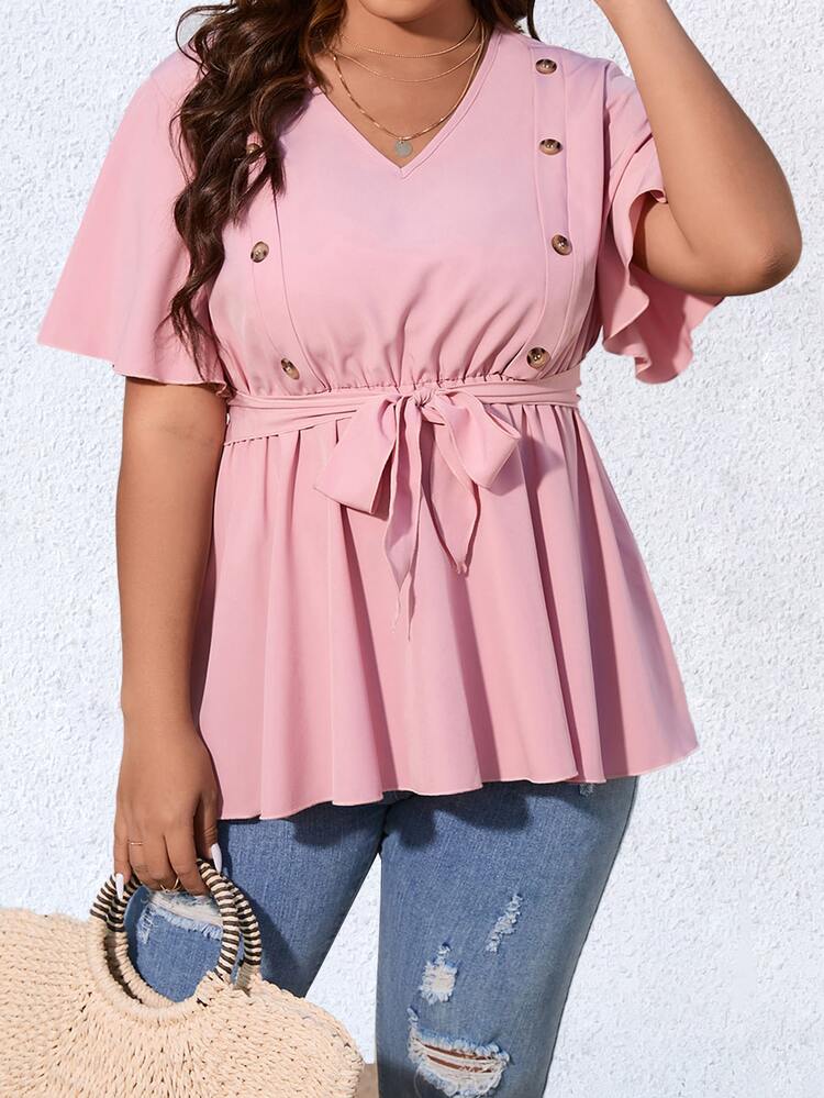 Celure Blusa peplum con diseño de botón de manga mariposa con cordón delantero - Rosa Pálido - Añade 6