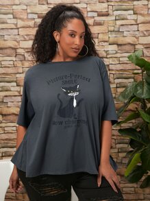 SHEIN CURVE+ Plus Cartoon and Slogan Graphic Drop Shoulder Tee - Dark Grey - View 1