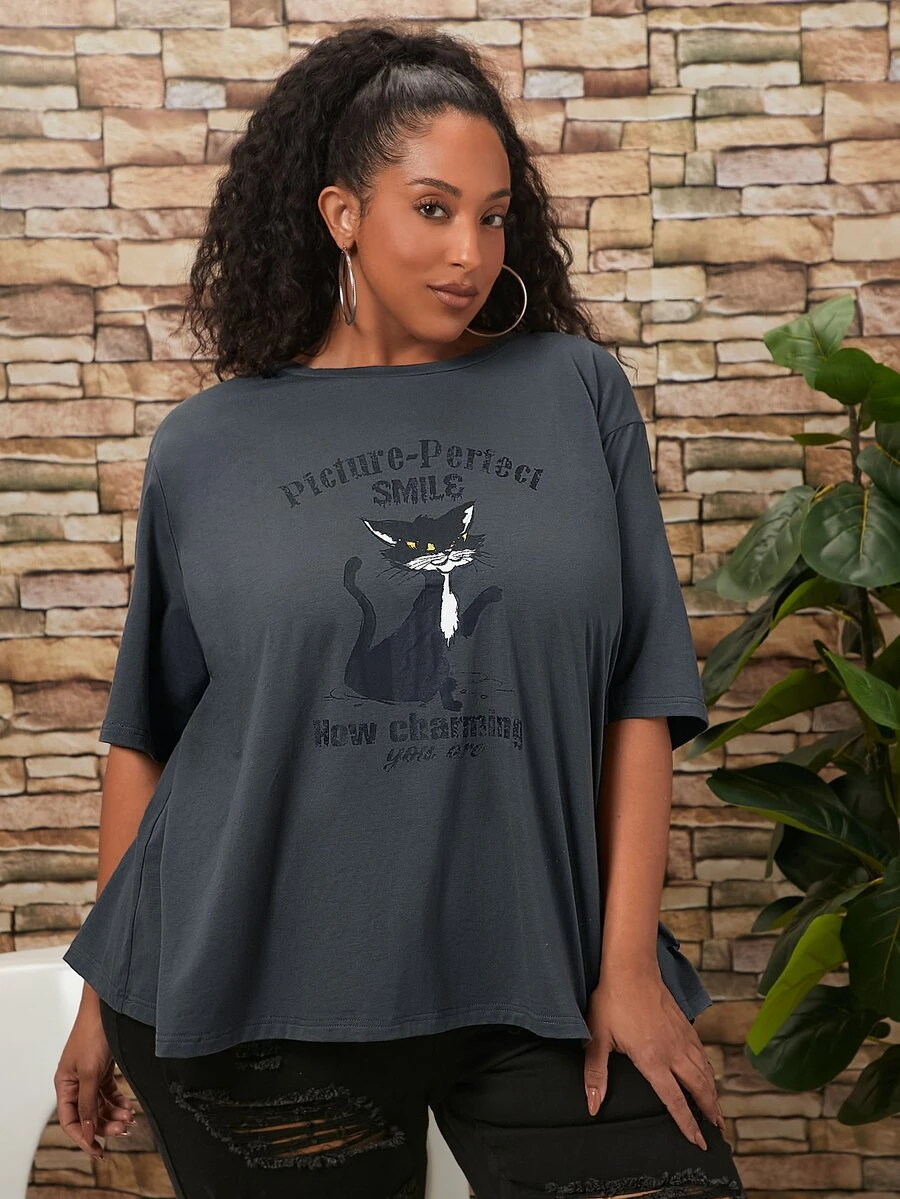 SHEIN CURVE+ Plus Cartoon and Slogan Graphic Drop Shoulder Tee - Dark Grey - View 1