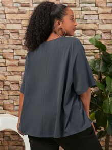 SHEIN CURVE+ Plus Cartoon and Slogan Graphic Drop Shoulder Tee - Dark Grey - View 4