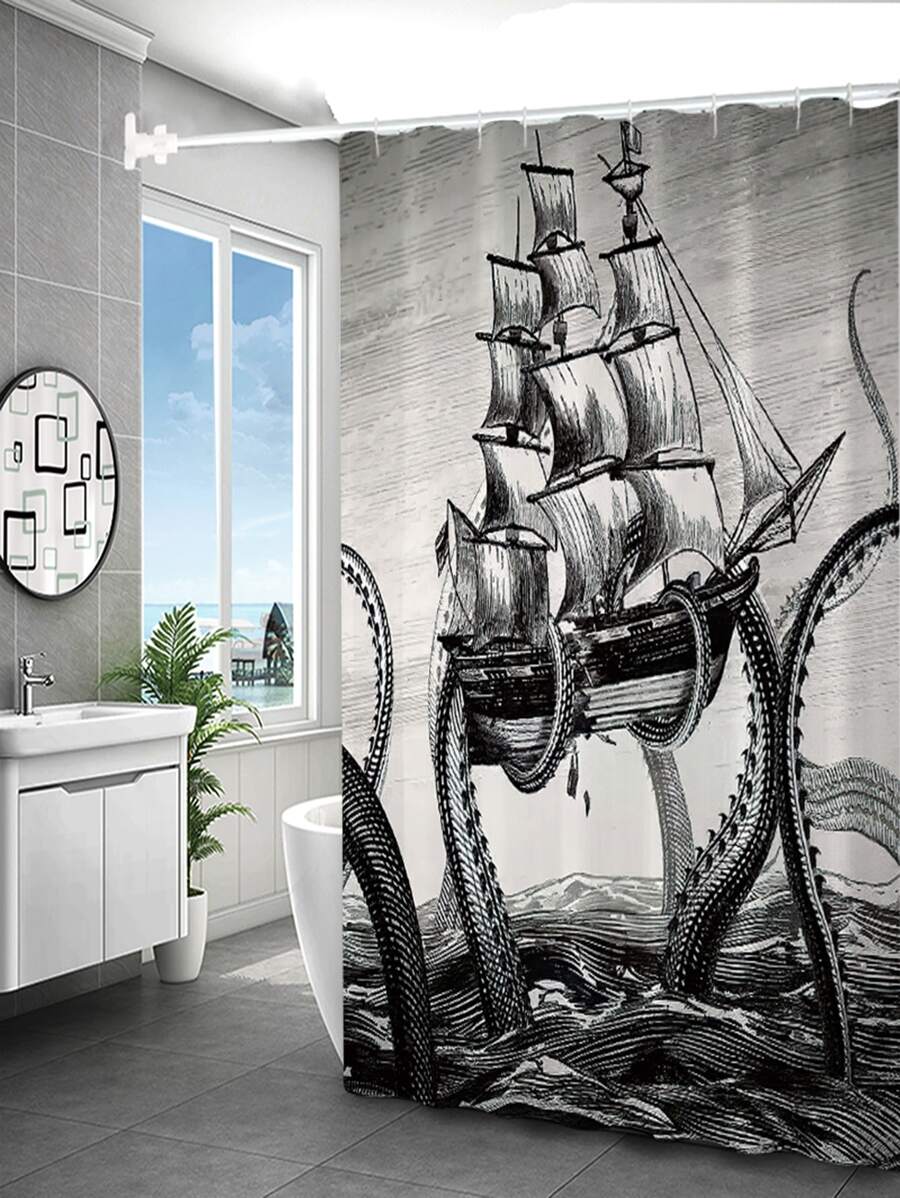 Rèm tắm hoa văn thuyền buồm, Rèm phòng tắm polyester chống thấm nước hiện đại, - Nhiều màu - Xem 1