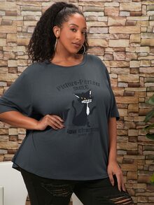 SHEIN CURVE+ Plus Cartoon and Slogan Graphic Drop Shoulder Tee - Dark Grey - View 3
