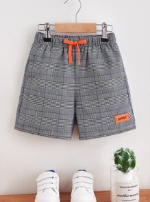 SHEIN 小男童格紋印花字母補丁細節腰部抽繩短褲 - 灰色 - 查看 1