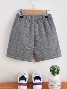 SHEIN 小男童格紋印花字母補丁細節腰部抽繩短褲 - 灰色 - 查看 2