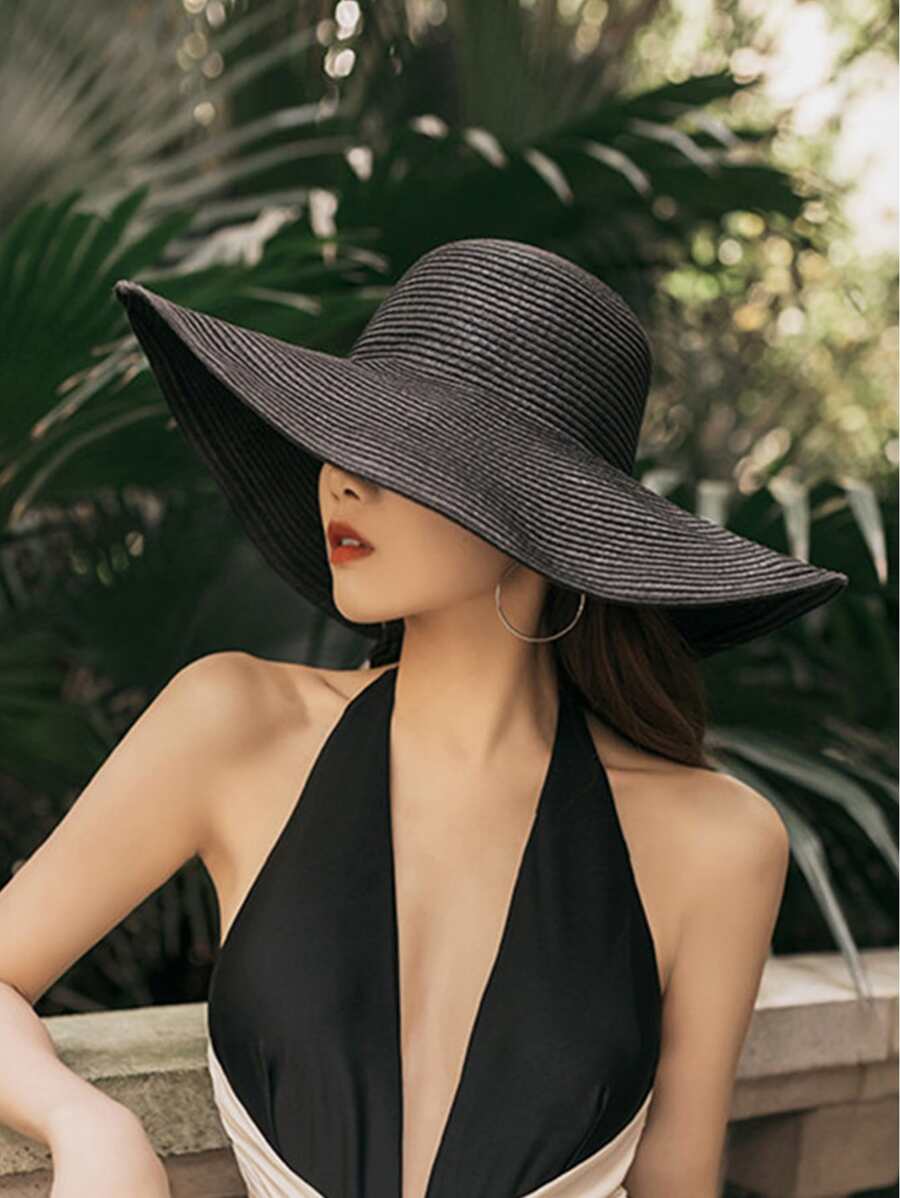 Solid Straw Hat - Black - View 1