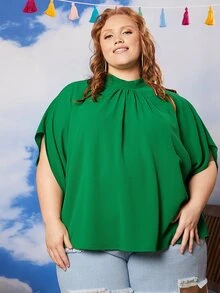 SHEIN CURVE+ Blusa de cuello alto de manga murciélago - Verde - Ver 3