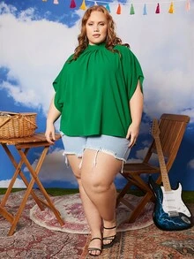 SHEIN CURVE+ Blusa de cuello alto de manga murciélago - Verde - Ver 5