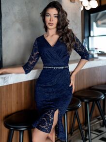 MIUSOL 交疊領水鑽細節下擺開叉蕾絲連衣裙 - 藏蓝色 - 查看 2