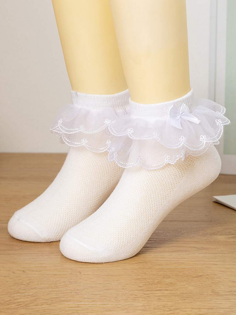 1 par/3 pares de calcetines de ballet de unicolor con volantes de tul y malla para niñas, calcetines cortos para fiestas de baile para niños y adolescentes - Blanco - Ver 1