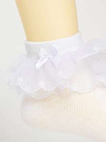 1 par/3 pares de calcetines de ballet de unicolor con volantes de tul y malla para niñas, calcetines cortos para fiestas de baile para niños y adolescentes - Blanco - Ver 3