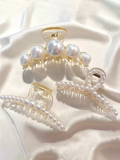 3pcs/Set Faux Pearl Hair Clips (Slight Scratches Or Abrasion On The Faux Pearls Are Normal For This Plastic Product) Summer Hair Claw Hair Jaw Clip Hair Clamps Hair Clutch Hair Catcher Clip, School Stuff, College, Pearl Hair Accessories Fall Winter Claw Clip For Vacation Outfits Woman